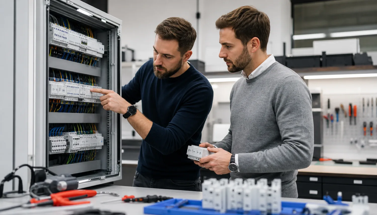 PanelCraft engineers assembling KNX panels in Riga